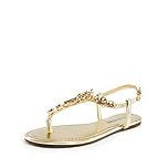 DREAM PAIRS Flat Sandals for Women Dressy Rhinestone T-Strap Thong Flat Sandals for Summers Dress Beach SDFS2405W,Size 5,GOLD,SDFS2405W