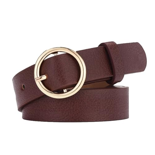 ROWAGY Cinturón de piel sintética para mujer, pantalones de vestir occidentales, falda vaquera, cinturón ajustable con hebilla redonda, Marrón, Talla única