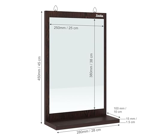 Image of Wall Mounted Wooden Dressing Mirror with Storage Shelf | Bathroom & Bedroom Vanity Mirror Organizer | Engineered Wood Frame | Cosmetic Display Shelf | Dark Wenge Finish | 28 x 45 cm