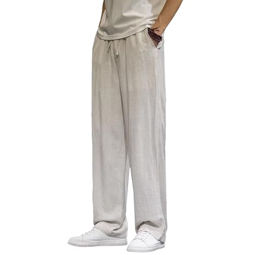 Qolkmuiy-GJ Men's Elastic Waisted Wide Leg Slack Lightweight Linen Casual Pants Summer Beach Trousers with Pockets (Beige,5X-Large)