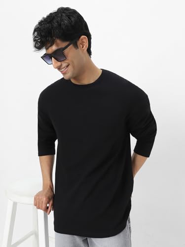 Image of Urbano Fashion Men's Textured Round Neck Oversized Full Sleeve Cotton T-Shirt