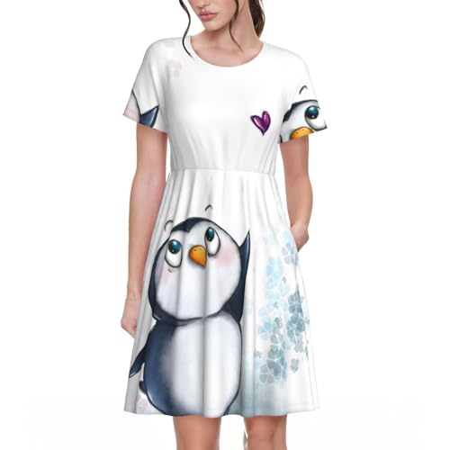 Robe d'été décontractée pour femme col rond manches courtes imprimé pingouins