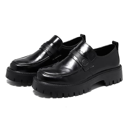 Men's Leather Lug Sole Business Penny Loafers Classic Slip-On Round Toe Chunky Heel Dress Shoes for Party Wedding Prom Work