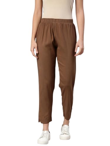 Image of MINELLI Women Solid Cigar Pants, Cotton Lycra Slub Fabric, Elasticated Waistband, Pull On Style, Regular Fit Bottom Wear for Western and Ethnic Wear