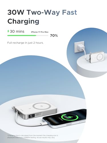 Image of UGREEN MagFlow 10,000mAh Power Bank, Qi2 25W Certified Wireless Charging, Magnetic Portable Charger for MagSafe with Built-in Cable, 30W USB-C Battery Pack for iPhone 17 Pro Max /16 /15 /14 /13 /12, White