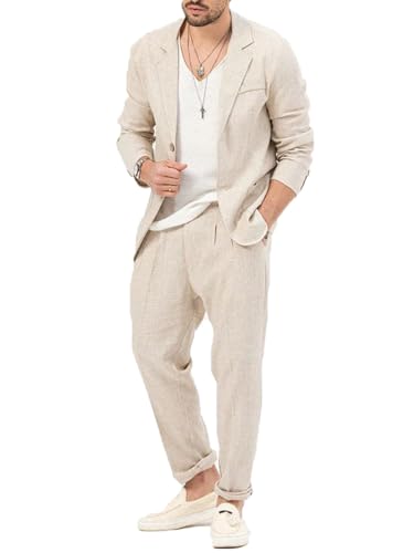 Men's Casual Linen Suit 2 Piece Slim Wedding Suit for Men Beach Party Prom Business Linen Jacket+Pant
