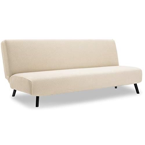 TIANSHU Stretch Futon Cover Armless Sofa Bed Cover, Anti-Slip Protector for Couch Without Armrests, Spandex Jacquard Fabric Futon Slipcovers (Ivory)