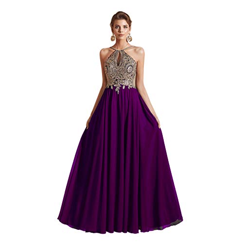 Fancy Lace Prom Dresses 2020 Long Bridesmaid Dress Halter Formal Gowns Purple #TOP5