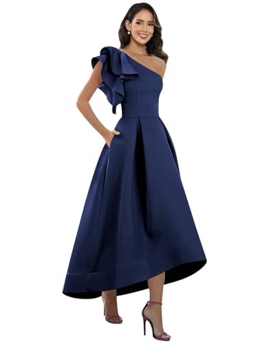 One Shoulder Satin Mother of Bride Dresses High Low Ruffle Evening Dresses for Women with Pockets