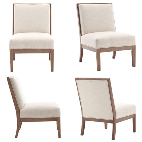 LIVINOVA Mid Century Modern Upholstered Armless Accent Chair, Comfy Linen Small Accent Chair, Farmhouse Living Room Chairs for Bedroom Office, Side Chair Slipper Chair with Natural Wood Legs, Beige