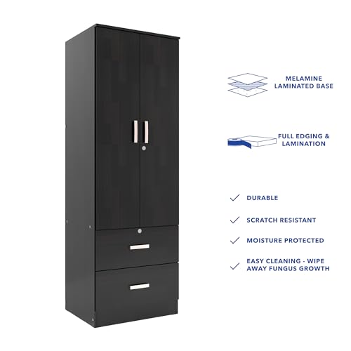 Image of DF2H Wardrobe | 1 Year Warranty | 2 Doors Cupboard, Ren, with Drawer, Wooden Almirah Wenge Colour (Melamine Finish)