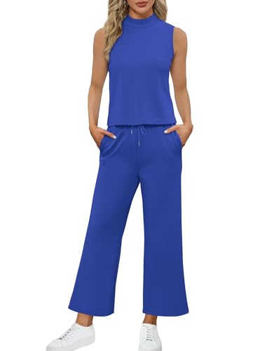 Image of SAMPEEL Two Piece Sets for Women Summer Outfits Lounge Sets Mock Neck Tops Wide Leg Crop Pants Vacation Travel Outfits