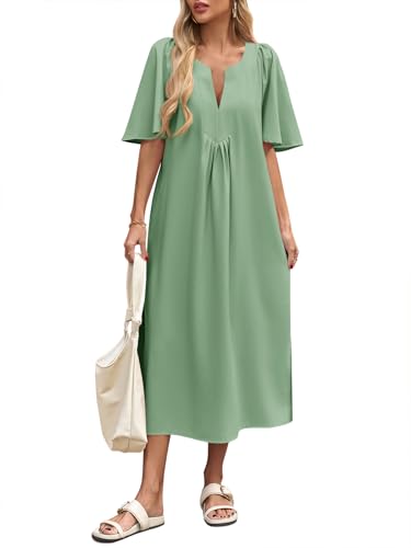 Image of Wenrine Womens Casual Maxi Dress Short Sleeve Loose Flowy Summer Dresses | flutter sleeve, v neck, loose fit, slit, long summer dress, beach, vacation