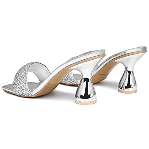 Image of Women's Square Open Toe Kitten Heel Mules, Rhinestone Sandals | Metallic PU Slides & 3.15 IN Block Square Heels: Non-Slip Rubber Outsole, Easily for Wedding, Party or Work.
