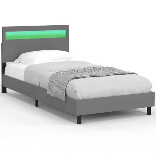 IDMarket - Cama individual Neo con cabecera LED integrada y somier de 90 x 190 cm, PVC, color gris