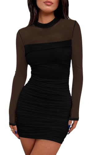 WIHOLL Womens Mesh Sheer Long Sleeve Ruched Mini Dress Sexy Bodycon Little Short Mock Neck Teacher Birthday Dinner Cocktail Holiday Party Club Fall Dresses for Women 2026 Black XS : Clothing
