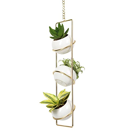 Jackcube Design Hanging Planter For Indoor Plants, Boho Vertical Ceiling Plant Gold Metal Hanger With 3 White Mini Ceramic Pots, For Small Succulents Cactus Herb Faux Flower- Mk631A #TOP19