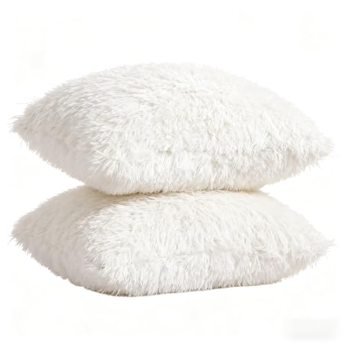 MINWEGI White Fluffy Cushions, White Cushion Covers, 2 Packs Fluffy Plush Pillow Cover 40x40cm, Luxury Faux Fur Throw Pillow Case Square Cushion Cover for Sofa Bed with Zipper, Home Decorative