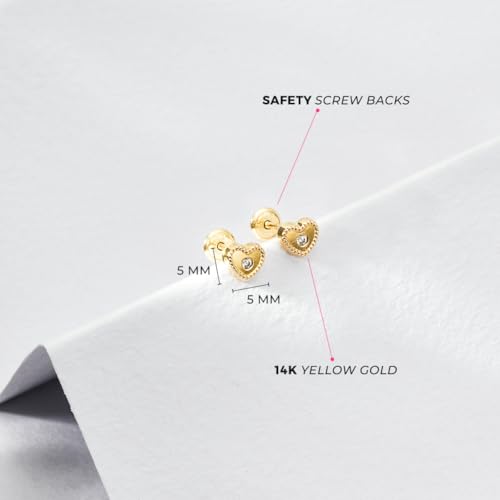 14k Yellow Gold Clear Bezel Set Cubic Zirconia Heart Safety Screw Back Earrings For Little Girls - Extra Small Heart Earrings For Children - Kids Heart Earrings For Girls With Clear CZ2