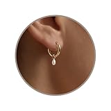 Annika Bella Pair of Charm Earrings, Gold Hoops, Hypoallergenic Earrings, Simulated Pearl Huggies, Gift for Her, Womens Jewelry (Long Pearl)