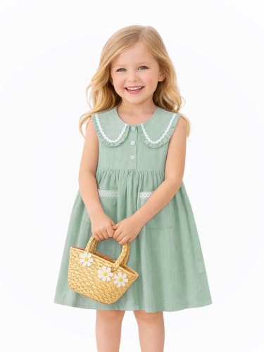 Image of HILEELANG Girls Cotton Dress Sleeveless Peter Pan Collar with Pockets