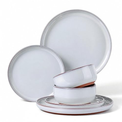 E-far Stoneware Dinnerware Sets for 2, 6 Pieces Reactive Glaze Plates and Bowls Sets, Elegant Dishes with Rustic Terracotta Base, Dishwasher & Microwave Safe, Scratch Resistant, Glacier White
