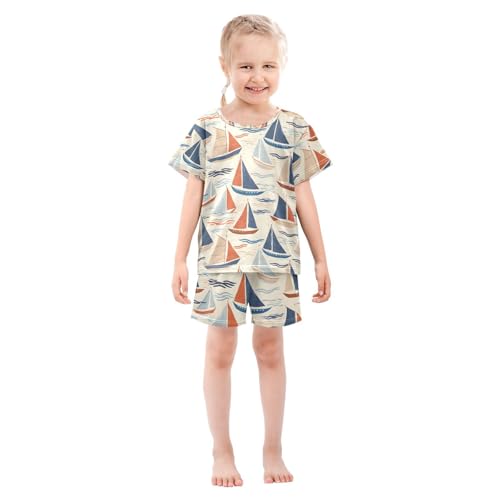 ALAZA Sailboat Cartoon Stylish Pajamas Set Short Sleeve Cotton Sleepwear Summer Pjs 2 Piece 5-14Y3
