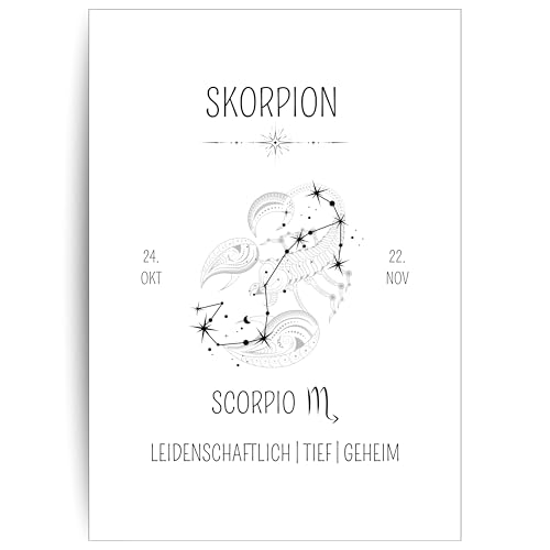 Papierkind™ Poster signe du zodiaque Scorpion - Scorpion - Image Scorpion - Poster zodiaque - Décoration murale - Cadeau - Format A4 sans cadre (A139-1)