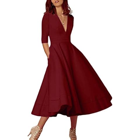 TYQQU Women's Solid Color Slim Dresses Prom V Neck Cocktail Maxi Dress Burgundy L Cover