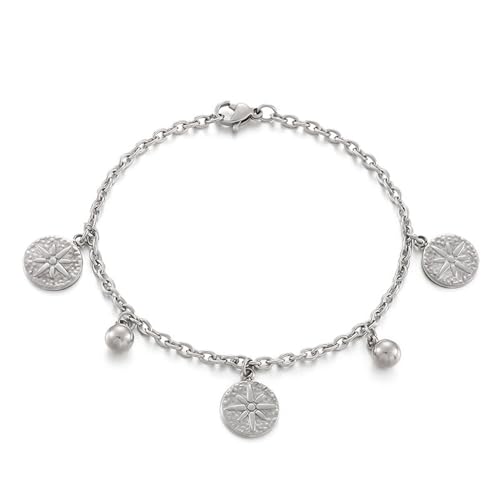 ANAZOZ Bracelet Souple Femme Acier Inoxydable, avec Breloque Médailles et Perles, Argenté, Fantaisie