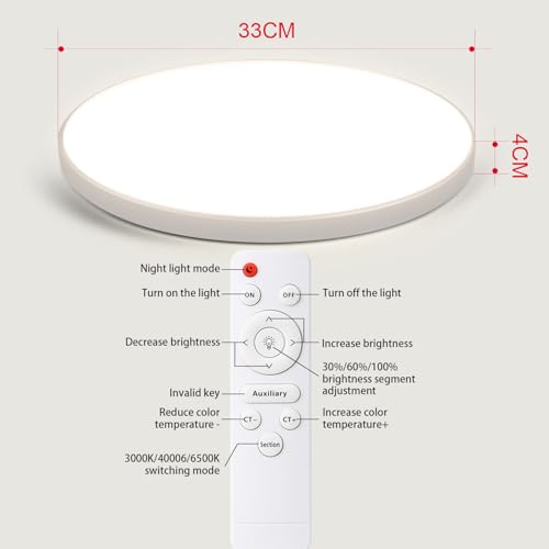 CANMEIJIA Led Ceiling Light, 30W 1700LM Bathroom Lights Ceiling, 3000-6500K Remote Control, IP44 Protection, Timer & Memory Infinitely Dimmable, For Bedroom Kitchen Living Room (White)