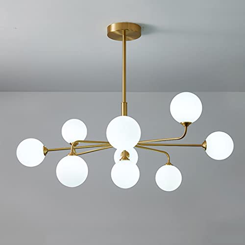 Lustre moderne gold 9 lumières en laiton brossé et verre opaque noble