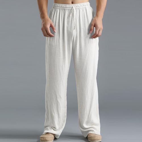 DuDubaby Men's Pants Casual Linen Loose Fit Straight-Legs Elastic Drawstring Waist Summer Beach Yoga Workout Trousers4