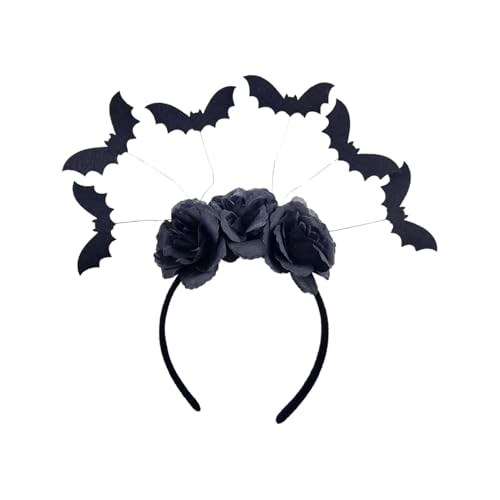 Diadema de Halloween – Diadema de murciélago negro y flores – Accesorios para el escenario de Halloween con flores y murciélagos, accesorios para el cabello