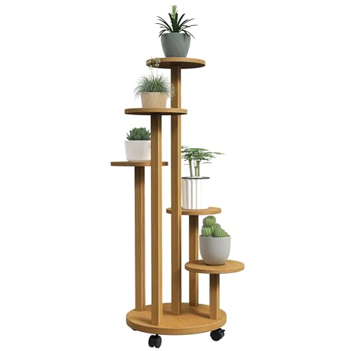 Outsunny Soporte para Plantas de Bambú con Ruedas de 5 Niveles, Estantería Redonda para Plantas para Esquina, Soporte para Macetas, Interior y Exterior, 33x33x90 cm, Natural