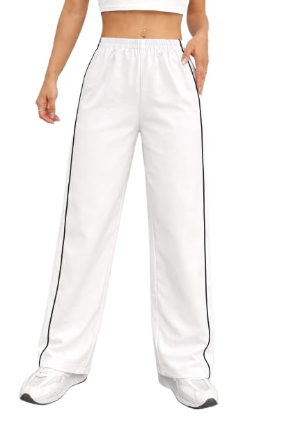 Anouk Women Casual Track Pants High Waist Loose Fit Wide Leg Comfortable Trousers Elastic Waist Soft Fabric Suitable for Gym Yoga Lounge Travel Everyday Wear Bottoms in neutral