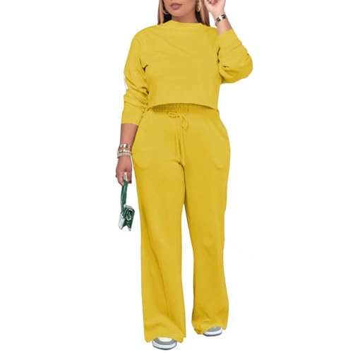 PINSV Women's 2 Piece Outfits Sweatsuit Set Long Sleeve Crop Top Drawstring Wide Leg Pants with Pockets Tracksuits Casual Set