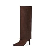 VIUGJNEX Chocolate Fold Over Knee High Boots for Women Pointed Toe Stiletto Heeled Long Boots Tall Shark Suede Boots Size 8