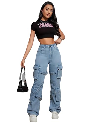 Image of Glossia Fashion Blue Women Cargo Jeans | High Waist Stretchable Wide Leg Loose Fit Denim| Boyfriend Cargo Jeans for Women(WJ-1225)