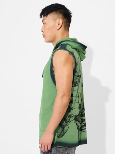 Image of The Souled Store Hulk: Always Angry Men and Boys Sleeveless Green Graphic Printed Regular Fit Cotton Hooded T-Shirts