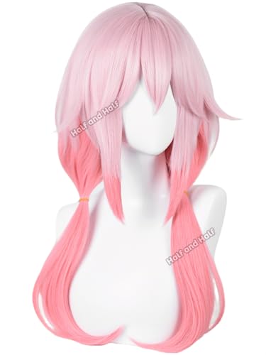 Image of Half and Half Gradient Pink Anime Ponytail Wig with Bangs for Yuzuriha Inori Cosplay Light Pink Twin Tails Wigs Pigtail Hair Wig for Women Halloween Party Daily Costumes