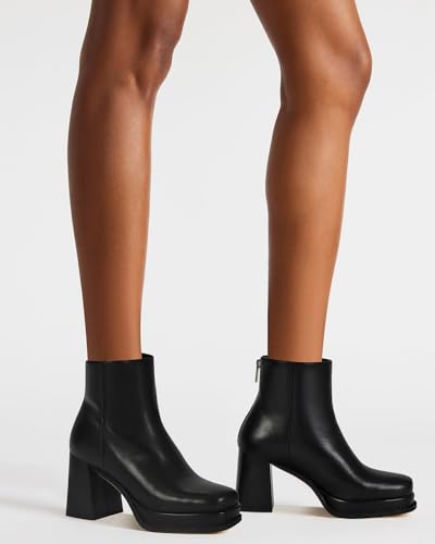 Women's Black Leather Platform GoGo Ankle Boots Square Toe High Chunky Block Heels with Back Zipper Comfort Party Dress Booties Shoes4
