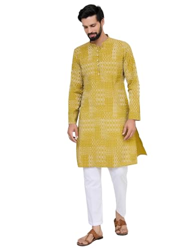 Image of See Designs Men's Full Sleeve Mandarin Collar Floral Embroidered Mandarin Collar Thread Work Straight Long Kurta with Pyjama - Festive Collection