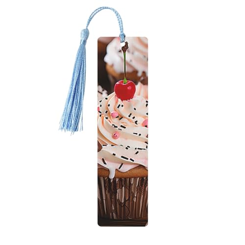カップケーキとマフィンウッドのしおり タッセル付き、ペンダント ユニーク ハンドメイド クラフト DIY 木製しおり かわいい木製ハンギングタグ オーナメント 本好きの誕生日教師へのギフトに