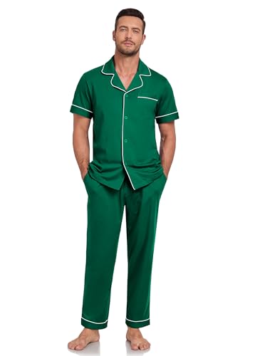 Image of COLORFULLEAF 100% Cotton Mens Pajamas Set Short Sleeve Loungewear with Long Pants Button Down Sleepwear Soft Comfy Pj for Men