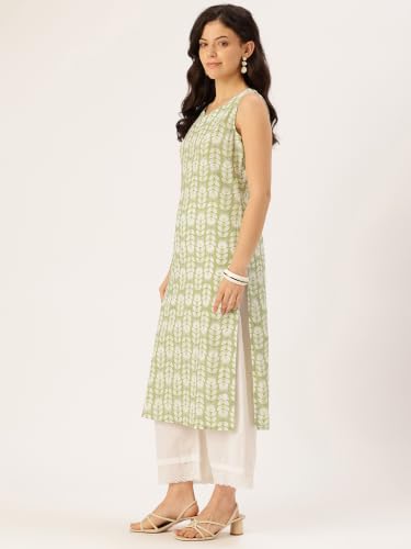 Image of feranoid Women's Pure Cotton Floral Print Straight Kurti | Elegant Curved V-Neck | Sleeveless Calf-Length Ethnic Wear | Comfortable Regular Fit | Sizes XS-XXL
