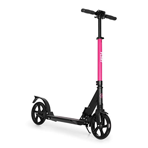 Klarfit Float Kickscooter - Patinete urbano, Puedas de PU XXL (200 mm), Rodamiento de 7 bolas ABEC, Manillar AS, Resiste hasta 100 kg, Doble amortiguación, Freno de pie, Cinta bandolera, Rosa