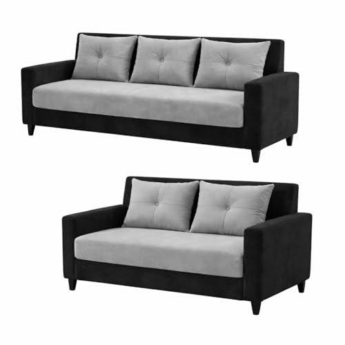 Image of Ultimate Comfort 3+2 Wooden Sofa Set | Premium Velvet Fabric | Modern 5-Seater Sofa | Durable & Stylish Living Room Furniture(Grey & Black)