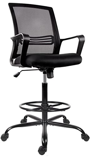 Silla de oficina alta para escritorio de pie, cómodas sillas de dibujo con reposabrazos, anillo ajustable para los pies, silla de escritorio ergonómica de malla con respaldo medio, color negro