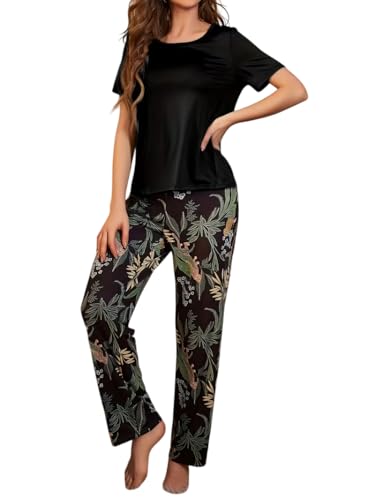 Image of TAGAS Women's Looper Fabric Night Suit Set - Soft Short Sleeve Printed Top with Floral Pajama Pants - Breathable Lightweight 2-Piece Sleepwear & Loungewear Set for Ladies